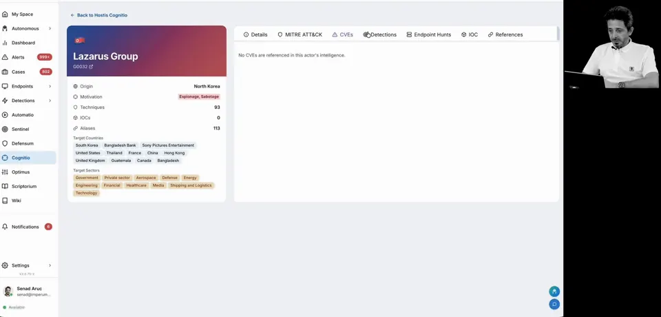 Imperum screen from the demo: threat intelligence and automated detection