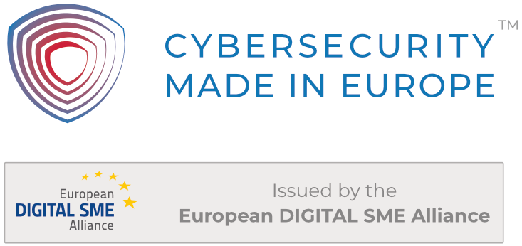 Cybersecurity Made in Europe label with the European DIGITAL SME Alliance issuer lockup.